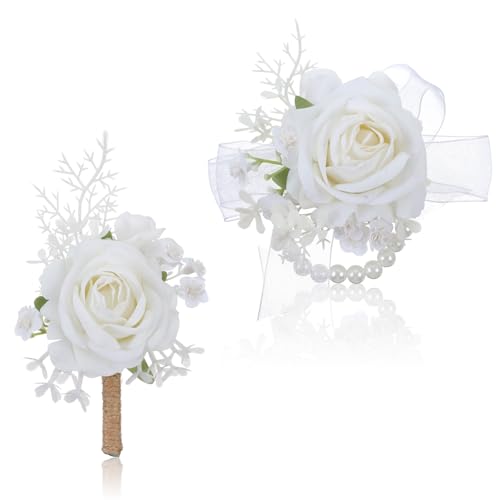 Grevosea 2 Pcs White Rose Corsage and Boutonniere Set, Artificial Wrist Double Pearl Corsage Wristlet Bracelets, Men Boutonniere for Wedding Party Formal Dinner Flowers Accessories Prom Suit Decor - color: White