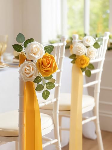 InnoGear Artificial Flowers, 50 Pcs Yellow Foam Fake Roses Bulk with Stems for Autumn Fall Decoration DIY Wedding Bouquets Centerpieces Bridal Shower Party Christmas Tree - color: Yellow