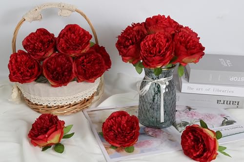 Red Peonies Artificial Flowers Bulk 16pcs Peony Silk Flowers Fake Peonies Faux Peony Flowers Heads with Stems Floral Arrangement Bouquet for Home Wedding Party Festival Decor (Red) - color: Red