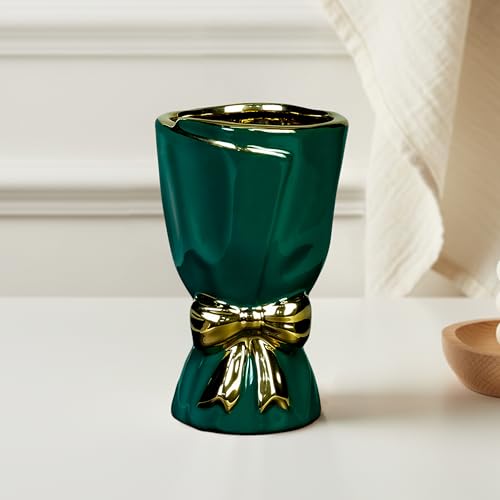 Green Ceramic Vases Home Decor, Modern Bow Vase for Flower - 7 Inch Small Decorative Vase for Bathroom, Shelf, Window Sill, End Table Decor, Dresser Centerpieces - color: Dark Green, size: 7 inch