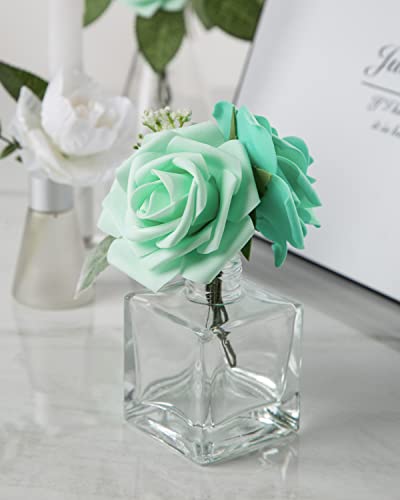 DuHouse 25Pcs Artificial Roses Flowers Fake Roses with Stems Real Touch Foam Flowers for DIY Wedding Bouquet Centerpiece Floral Arrangement Party Home Decor(Mint Green) - color: Mint Green, size: 25pcs