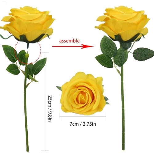 Felice Arts 12 Pack Yellow Spring Flowers Artificial Roses Silk Roses with Stems Fake Flowers Bouquet for Wedding Mother's Day Table Vase Home Office Kitchen Party DIY Decor - color: Yellow
