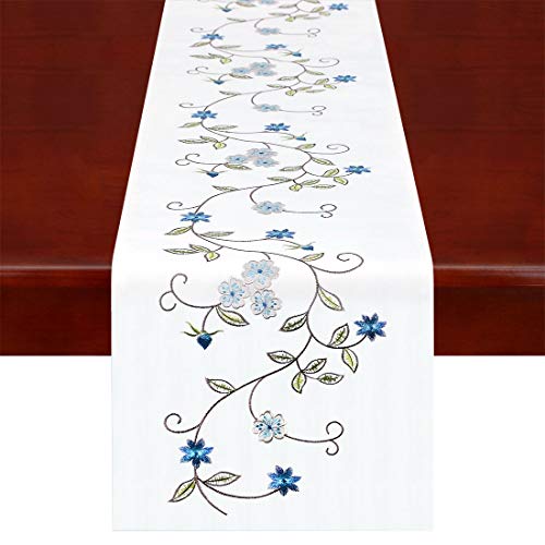 Double Thickness Rustic Embroidered Floral Table Runners for Spring and Summer, Dresser Scarf (Blue, 14 × 88 Inch) - color: Blue, size: 14 × 88 Inch
