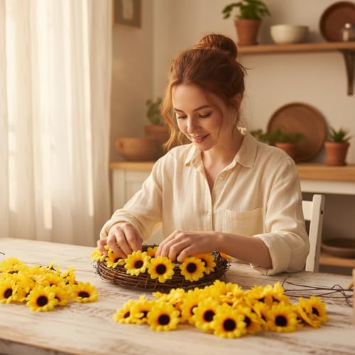 100 Pcs Sunflowers Artificial Flower Heads, Yellow Mini Fake Sunflowers Decorative Fabric Flowers Craft Floral Embellishments Silk Sun Flower Head Decorations DIY Wedding Floral Home Decor