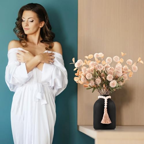 20''H Fake Flowers in Large Vase for Centerpiece Table Decorations with 10Pcs Fake Mums Flowers Eucalyptus Stems Faux Pompon Kiku Flowers Arrangement for Home Decor (Beige/Black Vase) - color: Beige/Black Vase