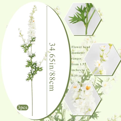CITYES 3 Pcs Delphinium Artificial Flowers Bulk 35" Long Stem Silk Larkspur Flowers Artificial Snapdragon Flower Stems White Faux Bouquets for Tall Vase Floral Arrangements Home Outdoor Wedding Decor - color: White