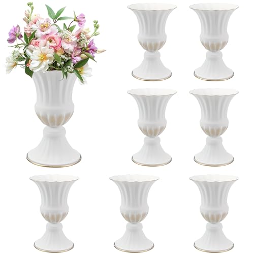 MCMCNCUIU White Vases for Centerpieces Set of 8, Urn Vases for Flowers, Vintage Pedestal Vase for Wedding Centerpieces, Metal Trumpet Vase for Wedding Table, Party, Home, Anniversary Decoration - color: White, size: Tall Urn-8Pcs