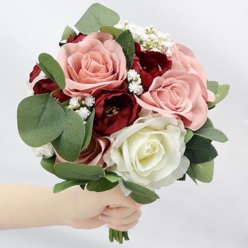 11 Inch Dusty Pink & Burgundy Silk Rose & Peony Bridesmaid Bouquets - Realistic & Easy to Arrange - Wedding Decorations - color: Dusty Pink & Burgundy