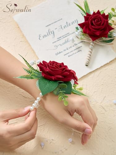 Serwalin Red Rose Corsage and Boutonniere Set, Boutonniere for Men and Wrist Corsage Wristlet Prom Homecoming Wedding Flowers Accessories Party Suit Decorations (red) - color: Red, size: 1 Boutonniere & 1 Wrist Corsage - 2pcs