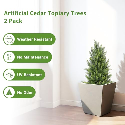 3FT Artificial Topiary Trees Outdoor Set of 2, UV-Resistant Faux Cedar Trees for Outdoor Planters, Tall Evergreen Plants for Front Porch, Entryway, Patio Decor - size: 3ft
