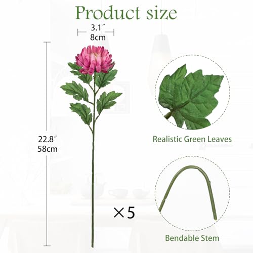 Hollyone 5Pcs Fake Mums Flowers Pink Artificial Chrysanthemum Flowers Silk 22.8inch Long Stem Floral Arrangements Bouquets Faux Spider Mum Flower Pincushion Flower Bush Spring Home Decor - color: Pink