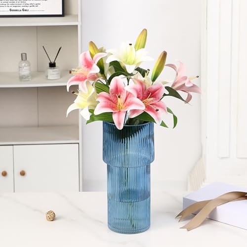 Large Glass Vase, 12 Inches Tall Vase for Flowers, Blue Flower Vases for Bouquet, Modern Blue Glass Vases for Living Room, Dining Table, Office, Entryway, Mantle, Shelf, Wedding Gifts - color: Blue, size: Ribbed 12 Inches