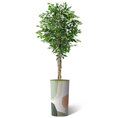 Artificial Tree in Multicolor Textured Geometric Shapes Illustrations Planter, Fake Ficus Silk Tree for Indoor and Outdoor Home Decoration - 75" Overall Tall (Plant Pot Plus Tree) - style: Ficus Tree