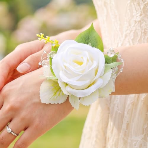 Rose Wrist Corsage Prom Corsages Wristlet Bridal Hand Flower for Women and Girls (White) - color: White