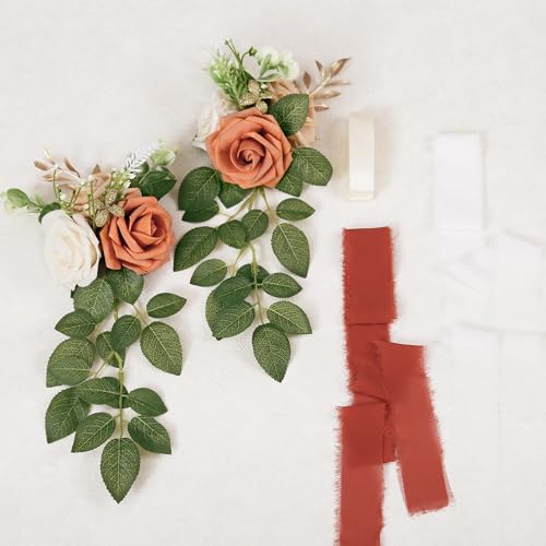 Wedding Aisle Decorations for Wedding Ceremony Set of 10 Pew Flowers for Church Chair Decorations Party Decor with Artificial Flowers Eucalyptus and Ribbons Terracotta - color: Terracotta