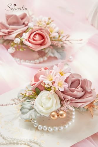 Serwalin 2 Pcs Wrist Corsage, 6-7 Inch Dusty Pink Corsage for Wedding, Bridesmaid Mother Grandmother, Artificial Flowers for Prom Ceremony Anniversary - color: Pink, size: Corsage-2pcs