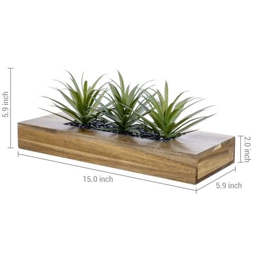 MyGift 15 Inch Large Artificial Green Grass Plants in Premium Acacia Solid Wood Decorative Planter, Tabletop Faux Greenery Decor with Wooden Rectangular Container - color: Brown, size: 15 Inch