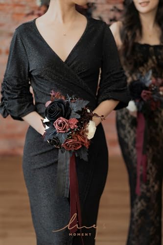 Ling's moment Black Artificial Wedding Flower Bouquets for Bridesmaids Burgundy Floral Bouquet Mashala Bridesmaid Bouquets with Ribbon Ceremony Anniversary,7-inch Diameter - color: Red-burgundy Red & Black