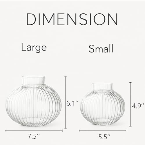 Round Glass Vases Set of 2, Flower Vases for Bouquet, Ribbed Glass Vase for Flowers, Small Clear Vase for Living Room, Office, Coffee Table, Shelf, Wedding - color: Clear, size: Round+Medium