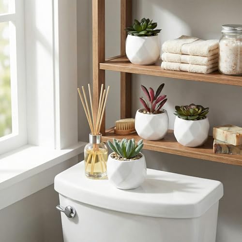 MyGift Miniature Artificial Succulents, Indoor Fake House Plants in Round White Geometric Ceramic Pots, Set of 4 - color: White (Set of 4)