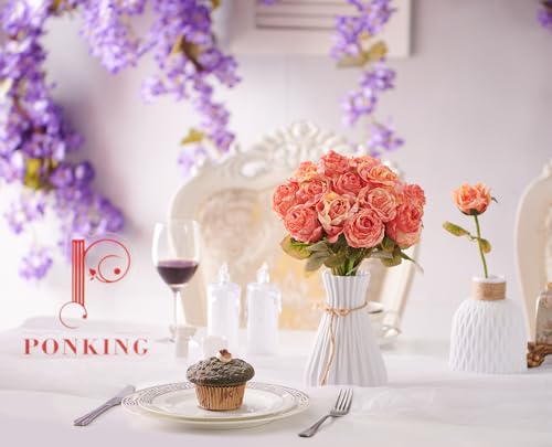 PONKING Rose Artificial Flower 28pcs Realistic Faux Silk Roses Fake Flowers Bouquets Arrangements Decor for Wedding Spring Mother's Day, Home Table Decorations, Orange Flower - color: A 28pcs Orange Rose