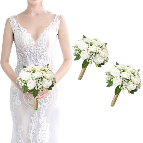 Bridesmaid Bouquet White Wedding Flowers Bouquets Set of 2 - Artificial Rose and Baby's Breath Rustic Small Floral Bouquet for Bridesmaid Fake Sage Green Boho 7 inch Wedding Decor - color: White Rose, size: Set of 2 Bridesmaid Bouquets