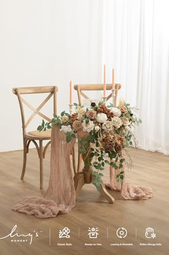 Ling's moment 2PCS Brown Artificial Floral Swags Wedding Arch Flower Garland Beige Rose Flowers Greenery for Table Backdrop Easel Wall Entryway Outdoor Board Decor - color: Brn-beige Brown
