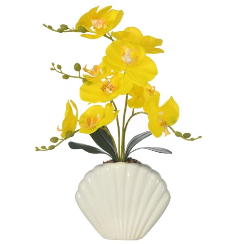 Artificial Phalaenopsis Orchid Plant in Seashell Pot, 16" Fake Orchid Flowers, Silk Faux Orchids for Home Decor, Office, Table Centerpiece, Real Touch Lifelike Indoor House Plant (Yellow) - color: Yellow