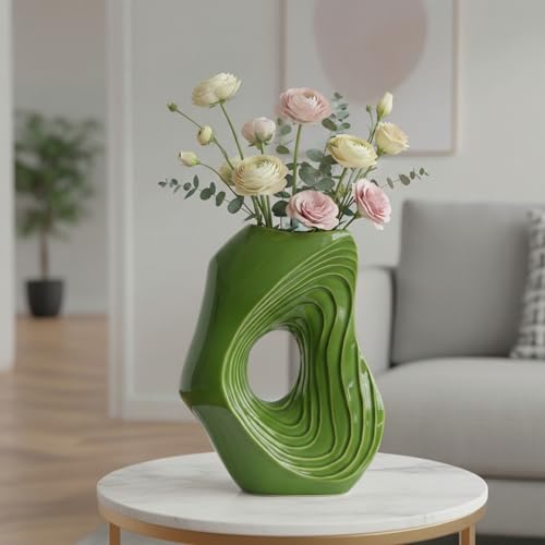 Sunddo Donut Green Ceramic Vase for Home Decor, 11 Inch Tall Modern Flower Vase for Pampas Grass, Unique Decoration Vases for Living Room, Shelf, Entryway, Fireplace Mantel, Console Decor - color: Green, size: 11 inch