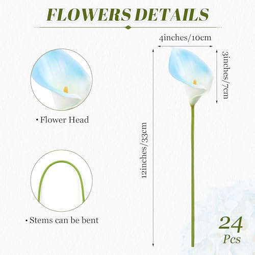 24 Pcs Artificial Calla Lily Flowers Light Blue Fake Silk Flowers Real Touch for Wedding Bouquet Office Home Kitchen Decor (White Blue) - color: White-blue