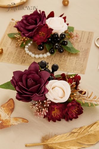 Red Rose Boutonniere and Wrist Corsages for Wedding(Set of 2), Prom Corsage Wristlet for Wedding, Prom, Anniversary, Graduation, etc. - color: Red, size: 1 Corsage & 1 Boutonniere
