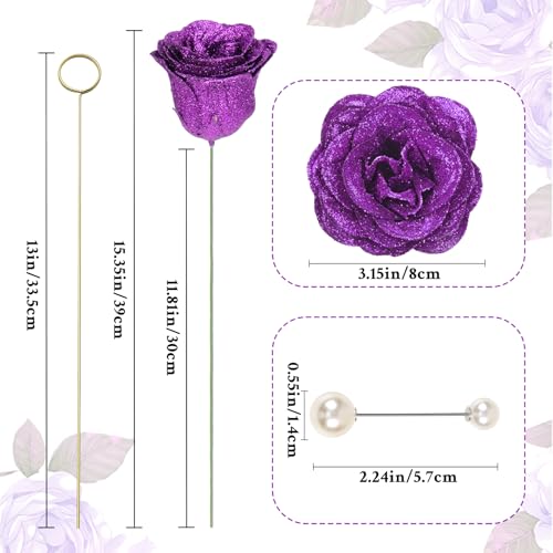 Waipfaru Glitter Roses Bouquet, DIY Fake Flowers Bouquet, Everlasting Shiny Artificial Rose Bouquet for Valentines, Anniversary, Engagement, Wedding, 24 Roses - color: Purple, size: 24pcs