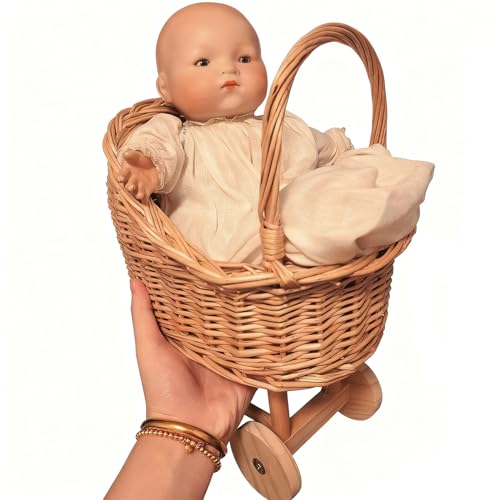 Woven Rattan Stroller Shaped Flower Basket, Vintage Wicker Baby Carriage Planter for Floral Arrangements, Baby Shower Wedding Party Decor, Photography Props, Floral Rustic Home Decor (Mini) - color: Mini