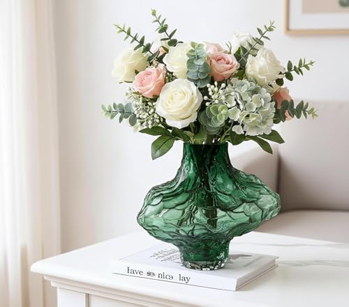 6.5in Green Glass Vase with Surface Wavy Grooves, 1.7lbs Thickened Heavy Bottom Small Flower Vase, Individual Modern Decorative Vase for Centerpiece, Wedding, Living Room (Green) - color: Green
