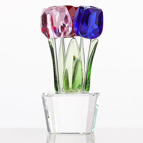Qianwei Crystal Tulips Flowers Figurine Colorful with Vase - Glass Flower Bouquet Collectible Figurines Crystal Office Home Decor Paperweight - Tulip Gifts for Women Mom Bestfriend Wedding Anniversary - color: Red Blue Pink Tulip