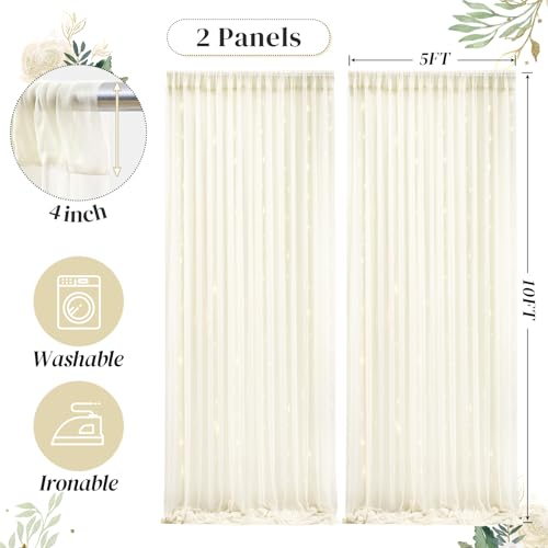 10ft x 10ft Ivory Backdrop Curtain with Lights String for Parties, Sheer Tulle Wedding Photo Backdrops Drapes for Baby Shower Birthday Party Decorations Background for Photography - color: Ivory, size: W5' x H10'(2 panels)