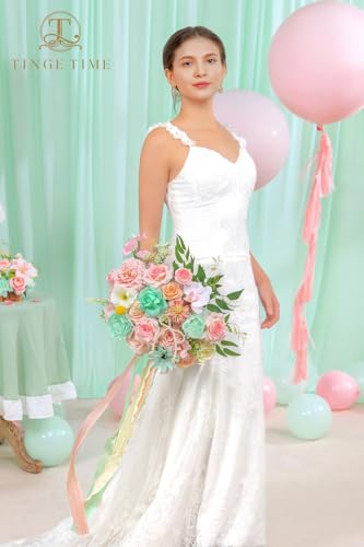 TINGE TIME 13 Inch Wedding Bouquets for Bride,Bridal Bouquet for Bride, Artificial Silk Flowers for Wedding Ceremony and Anniversary (Mint Green & Pink) - color: Mint Green & Pink