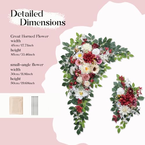 Odouzy Wedding Arch Flowers Kit,Artificial Flower Arch Decor (Set of 3),2pcs Artificial Flower Arrangement with 1pc Sheer Drape for Wedding Decor Reception Backdrop Floral Decorations (Wine Red) - color: Wine Red