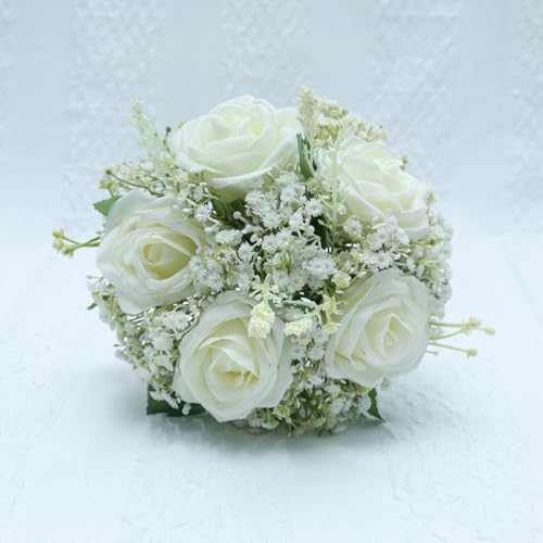 Artificial Bridesmaid Bouquets Set of 8 - Ivory White 9 Inch Various Flower Bouquet for Wedding Party Ceremony Dinning Table Centerpieces Decor Faux (Rose & Babys Breath & Ribbon) - color: Rose