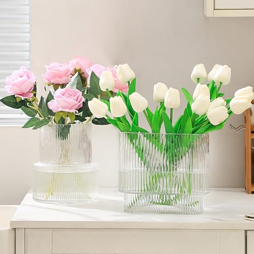 Ribbed Glass Vases, Set of 2 Fluted Vases for Flowers, Clear Vase for Tulips, Modern Glass Vase for Living Room, Dining Table, Office, Entryway, Mantle, Bookshelf, Wedding Gifts - color: Clear, size: Ribbed + Oval (2-Pack)