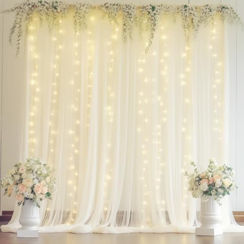 10ft x 8ft Ivory Backdrop Curtain with Lights String for Parties, Sheer Tulle Wedding Photo Backdrops Drapes for Baby Shower Birthday Party Decorations Background for Photography - color: Ivory, size: W5' x H8'(2 panels)