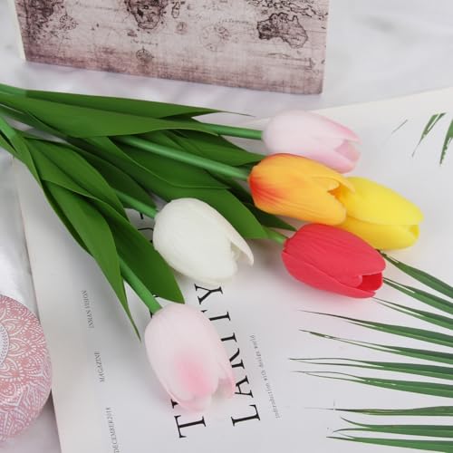 Artificial Tulips Flowers Fake Latex Tulip Stems - 30pcs Real Touch Faux Multicolor Tulips Flower for Easter Spring Wedding Bouquet Centerpiece Floral Arrangement Cemetery Table Decor - color: Multi-color03