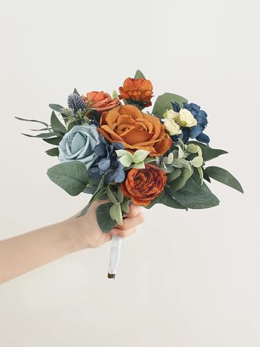 Rinlong Navy Terracotta Bridesmaid Bouquet, Fall Wedding Bouquets | Bridal Bouquet, Prom, Homecoming, Destination Friendly - color: 02-navy & Terracotta