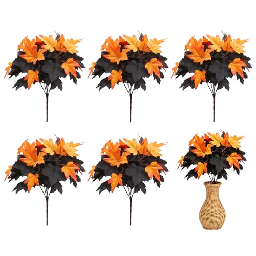 6 Pcs Artificial Maple Leaves Branches Fall Flowers 12 Inch Faux Fall Floral Stems Leaves with Black Orange Colors Fake Autumn Stems for Halloween Decor Thanksgiving Table Centerpiece - color: Black, Yellow