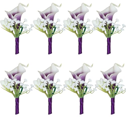Artificial Calla Lily Wedding Boutonniere Groom and Groomsmen Buttonholes Flower with Pins Prom Party Suit Decoration Anniversary Accessories for Man (Purple,8) - color: Purple
