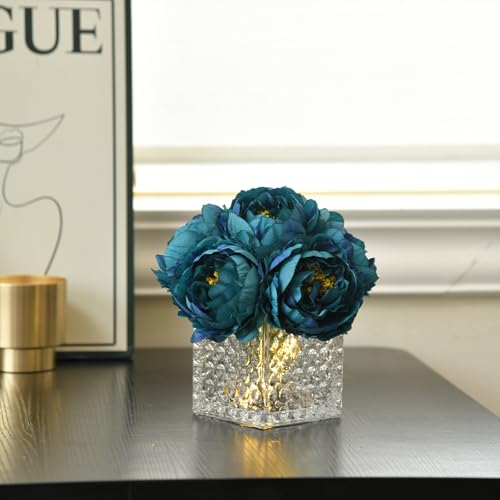 Artificial Peony Silk Flower Centerpieces with LED Light Faux Floral Arrangement in Glass Vase for Home Wedding Table Decoration (Peacock Blue) - color: Light-peacock Blue