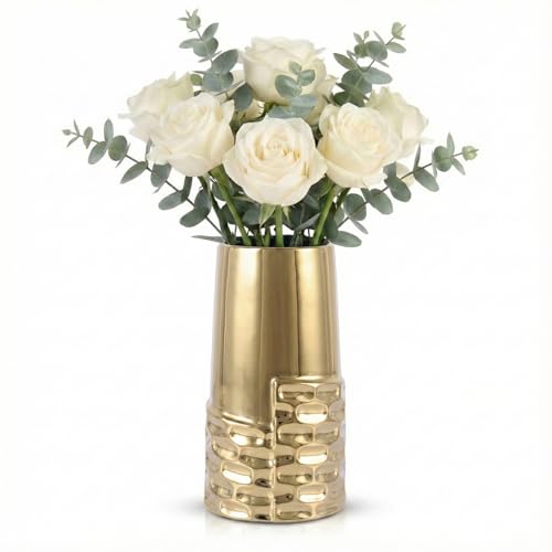 LCCCK 7.0" Gold Hammered Vase Home Decor, Elegant Ceramic Gold Flower Vase for Pampas Grass Decorative, Boho Small Cylinder Vases Centerpiece, Dining Table Living Room Jarrones Art - color: Green and Gold