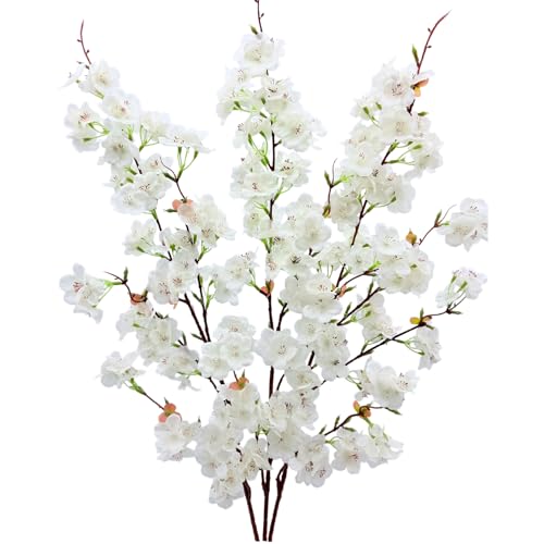 3PCS Artificial Cherry Blossom Flowers Branches 42" Long Stem White Silk Cherry Blossom Tree Faux Cherry Blossom Tall Fake Flower Arrangement for Spring Summer Wedding Indoor Outdoor Decor