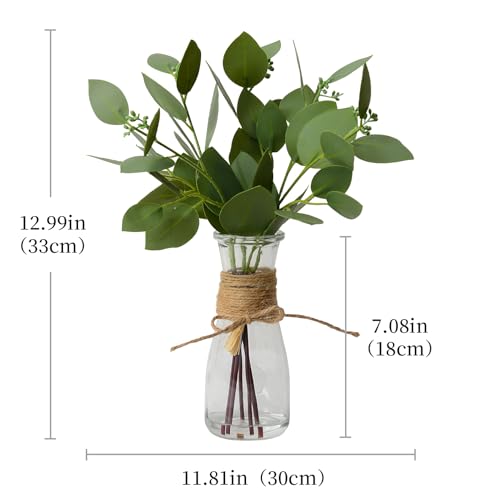 Artificial Eucalyptus Stems in Glass Vase with Faux Water for Table Centerpieces, Fake Eucalyptus Stems and Leaves Greenery in Vase for Home Office Decor