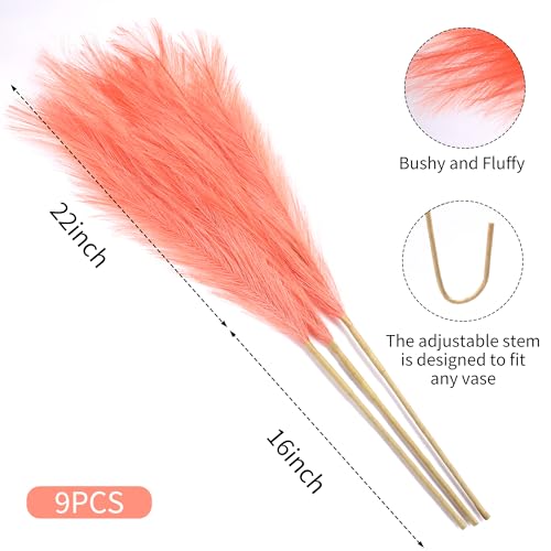 Wertuirk 9 Stems Orange Pampas Grass - 38 Inch Tall Faux Pompous Grass Decor, Large Artificial Pompas Floral for Vase Filler, Wedding, Party and Fall Home Decor (Orange) - color: Orange